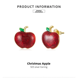 Detail view of S925 silver Christmas apple earrings with red glitter oil drip process