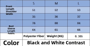 Detailed size chart for black and white ribbed knit sweater in sizes S, M, and L