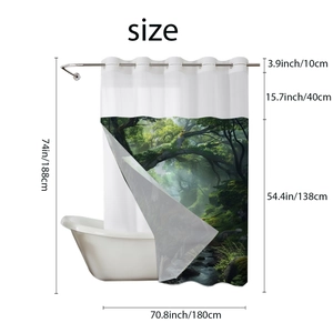 Detail showing forest stream print waffle shower curtain with dimensions 180cm by 188cm
