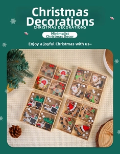 Close-up of four sets of wooden Christmas ornaments including reindeer and Santa figures