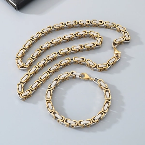 Macro shot of two-tone gold and silver stainless steel chain necklace and bracelet set