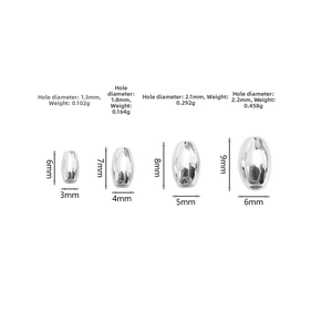 Detailed size chart for S925 sterling silver rice beads showing dimensions and weights