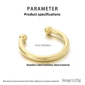 Detailed view of gold C-shaped stainless steel bracelet with dimensions 59x8mm and 22g weight
