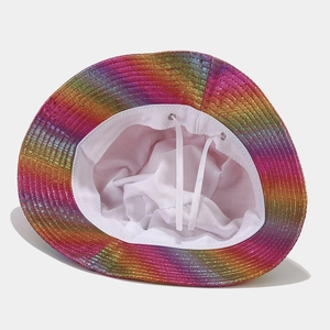 Rainbow gradient holographic bucket hat featuring adjustable drawstring and white lining