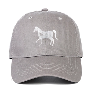 Close-up of a dark gray cotton baseball cap with white horse embroidery on front
