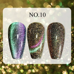 Macro shot of three cat eye nail polish swatches in blue, gold, and bronze shades