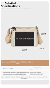 Détail du sac bandoulière en nylon beige avec dimensions et capacité pour iPad mini