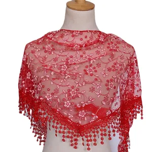 Red lace floral triangle veil featuring delicate pink embroidery and fringe tassels