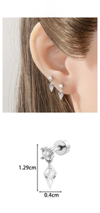 Detail showing vintage geometric kite-shaped zircon stud earrings with size measurements