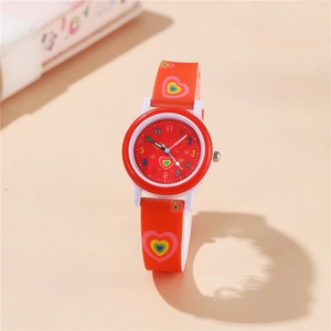 Red kids quartz watch with colorful heart patterns and flexible silicone strap