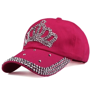 Stylish rose red denim baseball cap with rhinestone crown and distressed hole details