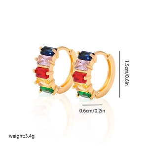 Detailed view of gold hoop earrings with multi-colored rectangular zircon stones
