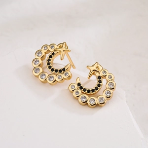 18K gold plated C-shaped moon and star stud earrings with zircon stones on stone base