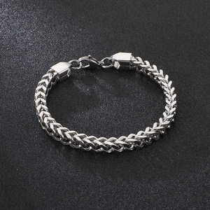 Mens stainless steel square keel chain bracelet with silver finish on black background