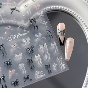 Silk Ribbon bow and star holographic nail art stickers for French style manicure designs