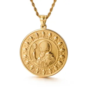Saint Benedict Religious Medal Pendant Necklace Stainless Steel Embossed St Jude Round Coin Hip Hop Jewelry For Men