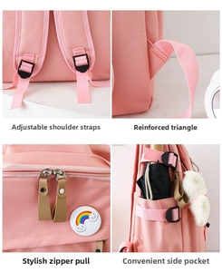 Pink nylon backpack detail showing adjustable straps, reinforced stitching, and side pockets