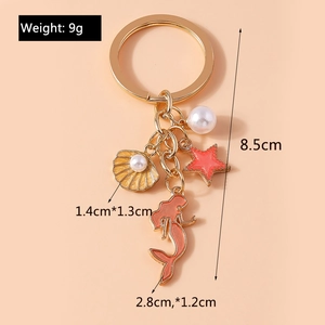 Detail view of mermaid keychain with weight and size parameters on orange background