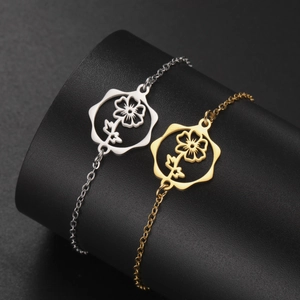 Minimalist stainless steel birth flower bracelets with hollow pendant in gold and silver
