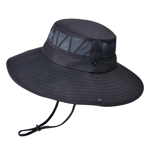 Black outdoor wide brim sun hat with mesh vents and adjustable chin strap for hiking