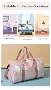Pink holographic fitness bag with separate shoe compartment and multiple usage icons
