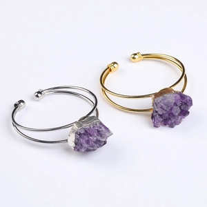 Natural amethyst cluster cuff bracelets in gold and silver finish with adjustable open bands
