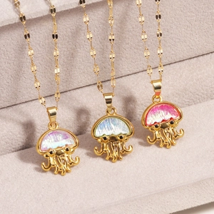 Colorful jellyfish pendant necklace with stainless steel gold chain in three gradient colors