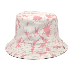 Close-up detail of the pink and white tie-dye cotton twill fabric on the bucket hat