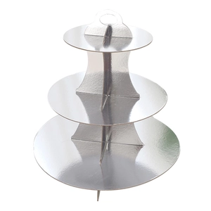 Three-tier silver round cardboard cupcake stand with metallic finish for party display