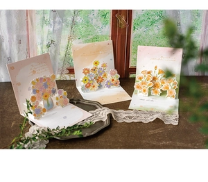 Three creative 3D pop-up floral greeting cards with elegant English warm wishes