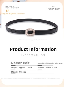Detail view of women's black PU leather belt featuring a pearl-inlaid oval alloy buckle