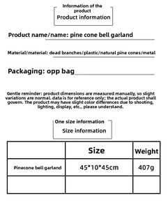 Detailed size chart for pinecone bell wreath showing 45x45cm dimensions and materials