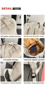 Details des Cord-Rucksacks mit verstärkten Gurten und innerem Reißverschlussfach