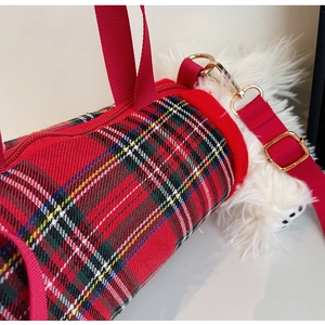 Detail of red and green tartan plaid dog carrier with gold hardware and plush interior