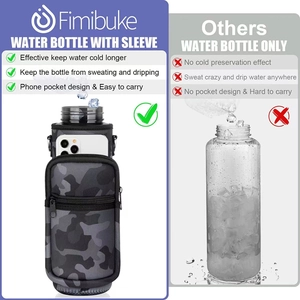 Detail of camouflage water bottle sleeve with built-in phone pocket and carry handle