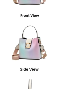 Macro details of gradient pastel PU leather bucket bag with golden square buckle clasp