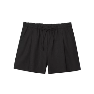 Linen blend drawstring shorts in black with elastic waist and loose wide-leg fit
