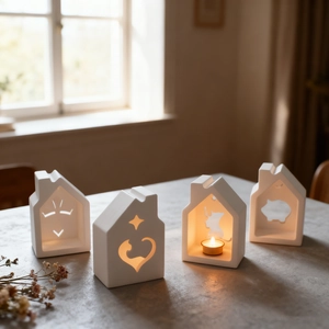 Set of four white matte ceramic house candle holders with decorative cutouts on stone surface