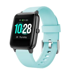 Detail view of 19mm light blue silicone watch band with black square smartwatch face