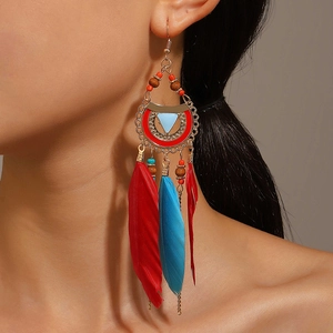 Detail view of long Bohemian feather earrings with colorful beads and vintage bronze metal
