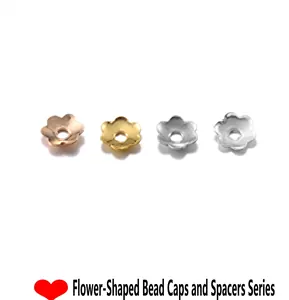 Detail view of five-petal flower bead caps in four metallic colors for DIY jewelry making