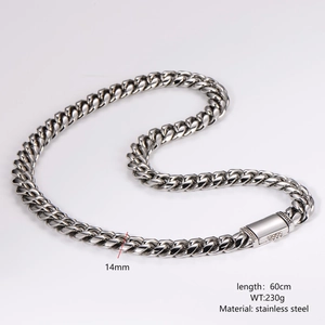 Detailed specs of 14mm silver stainless steel Cuban link chain with fold-over clasp