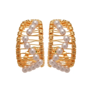 18k gold plated C-shape hollow earrings with double-row pearls in an artistic design