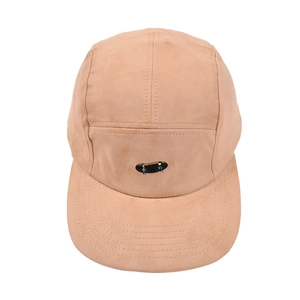 Minimalist peach suede 5-panel camper hat featuring a small skateboard embroidery