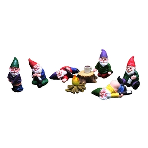 Lustiges 7-teiliges Set betrunkener Garten-Gnome mit Lagerfeuer aus Kunstharz