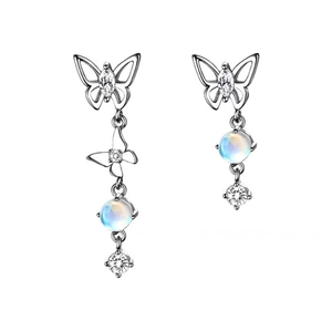 Silver butterfly earrings with moonstone accents and sparkling zircon starburst details