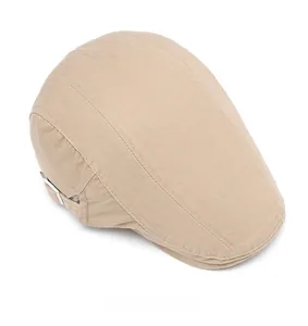 Top down view of khaki newsboy cap showing cotton canvas texture and metal adjustment buckle