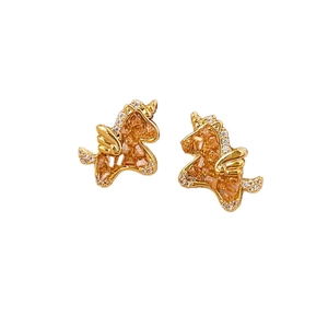 Exquisite gold unicorn stud earrings with champagne zircon and pearl for women