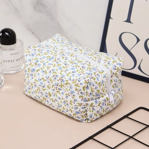 Detail of floral quilted cotton makeup bag with blue flowers and premium zipper closure