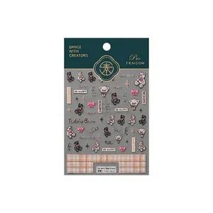 3D embossed teddy bear and bow nail art stickers in pink and black for manicure decor